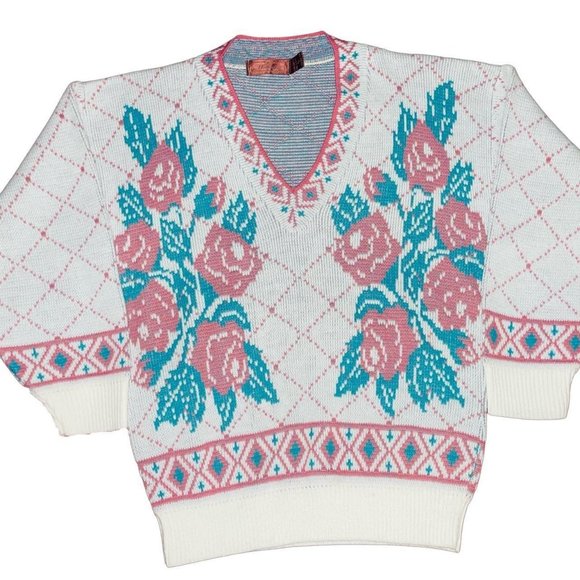 Vintage Tops - Vintage 80s Worthingtom Floral Coogi Grandma Sweater Small